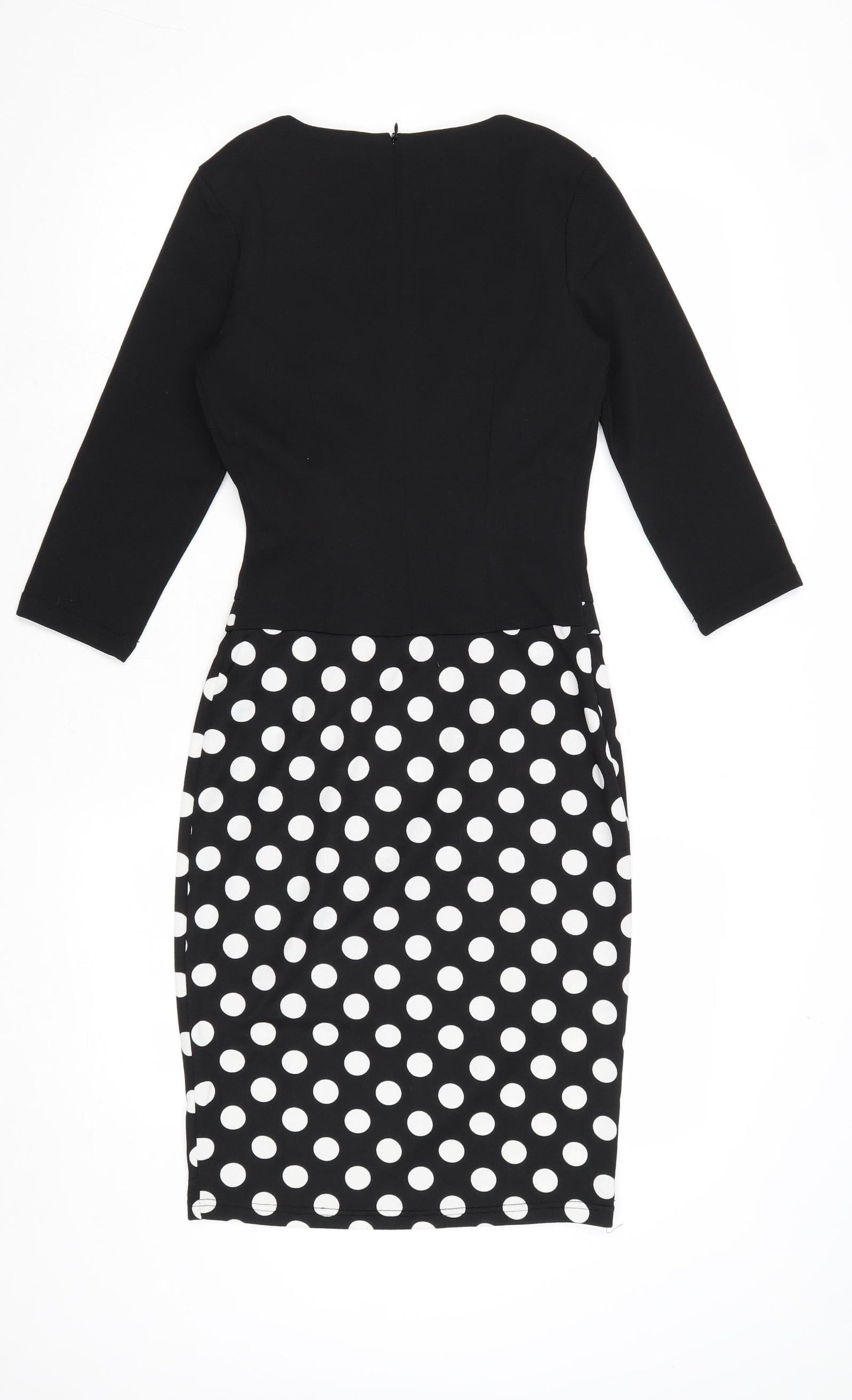 Homeyee Womens Black Polka Dot Polyester A-Line Size 8 Round Neck Zip