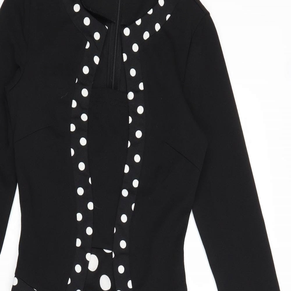 Homeyee Womens Black Polka Dot Polyester A-Line Size 8 Round Neck Zip