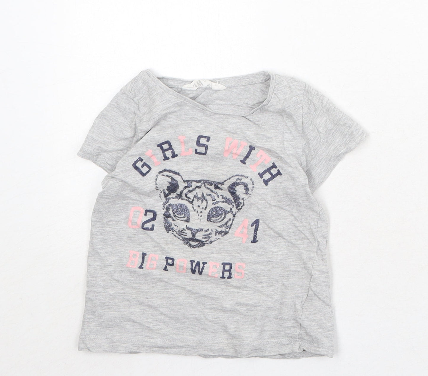 H&M Girls Grey Cotton Basic T-Shirt Size 4-5 Years Round Neck Pullover - Baby Tiger, Size 4-6
