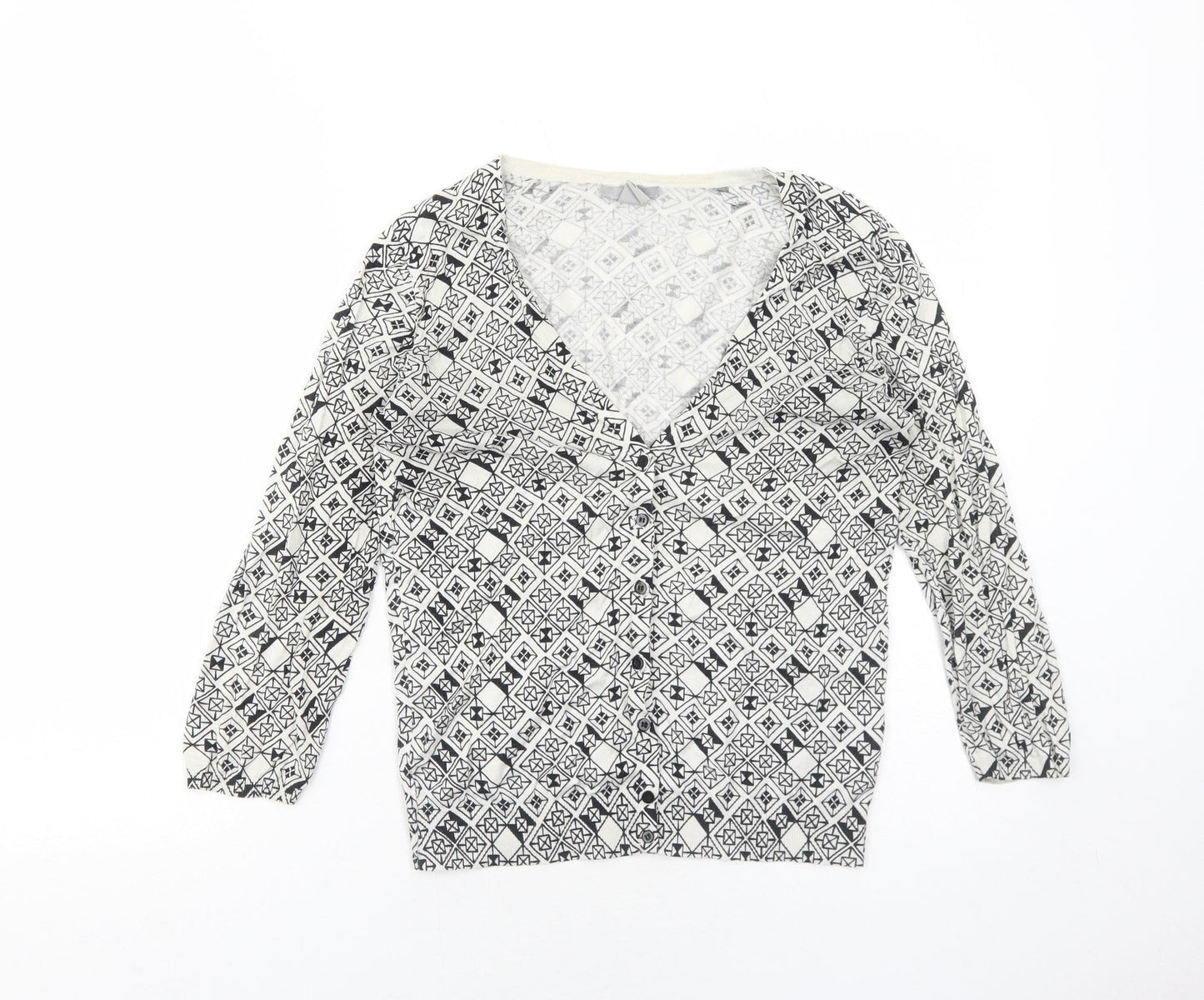 H&M Womens White V-Neck Geometric Cotton Cardigan Jumper Size M