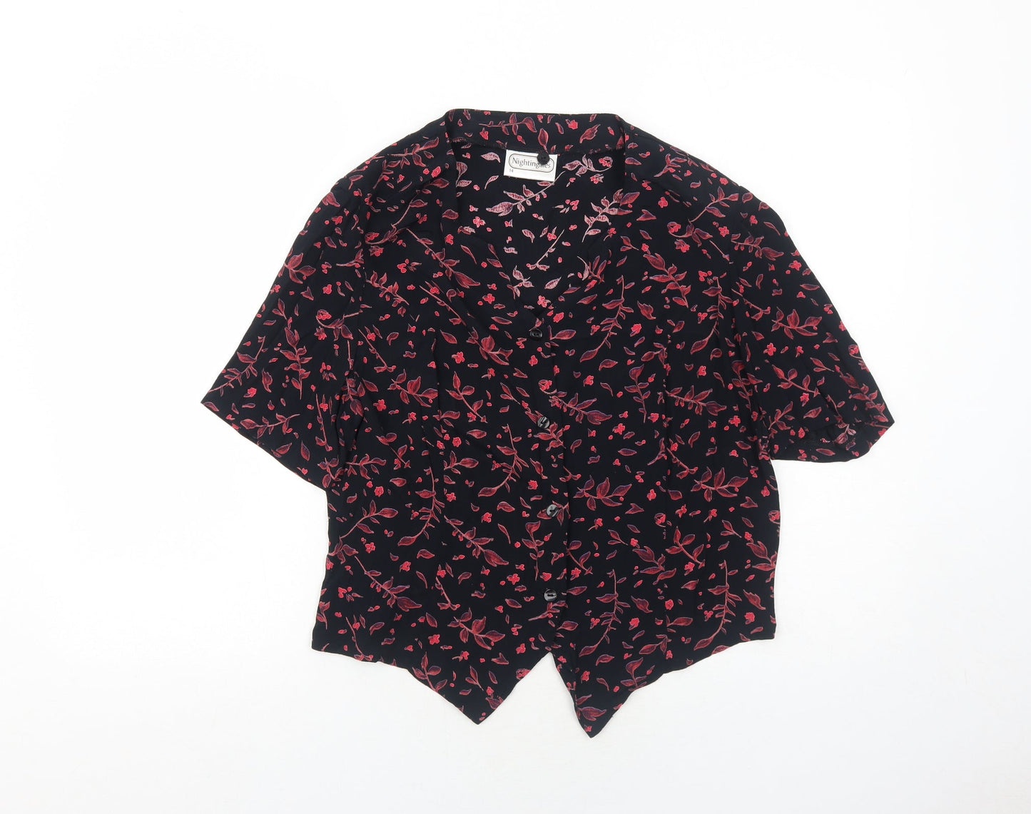 Nightingales Womens Black Geometric Viscose Basic Button-Up Size 14 V-Neck - Leaf Print