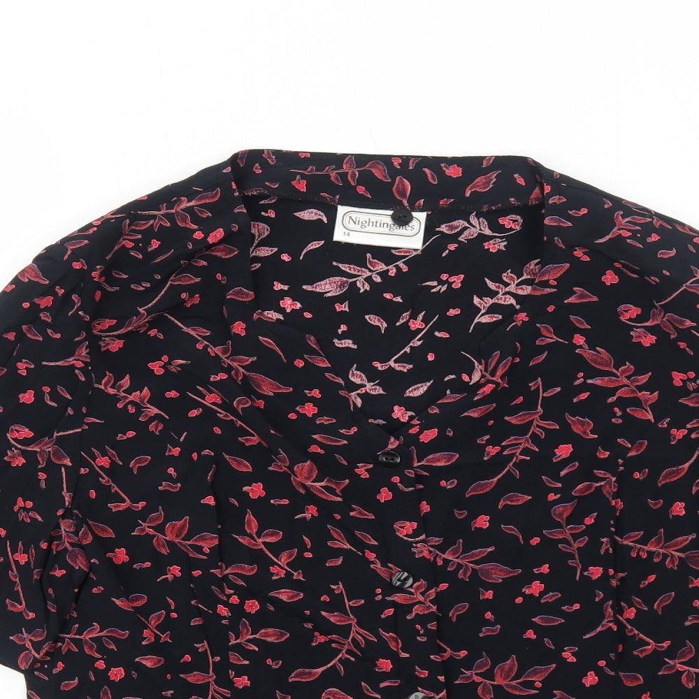 Nightingales Womens Black Geometric Viscose Basic Button-Up Size 14 V-Neck - Leaf Print