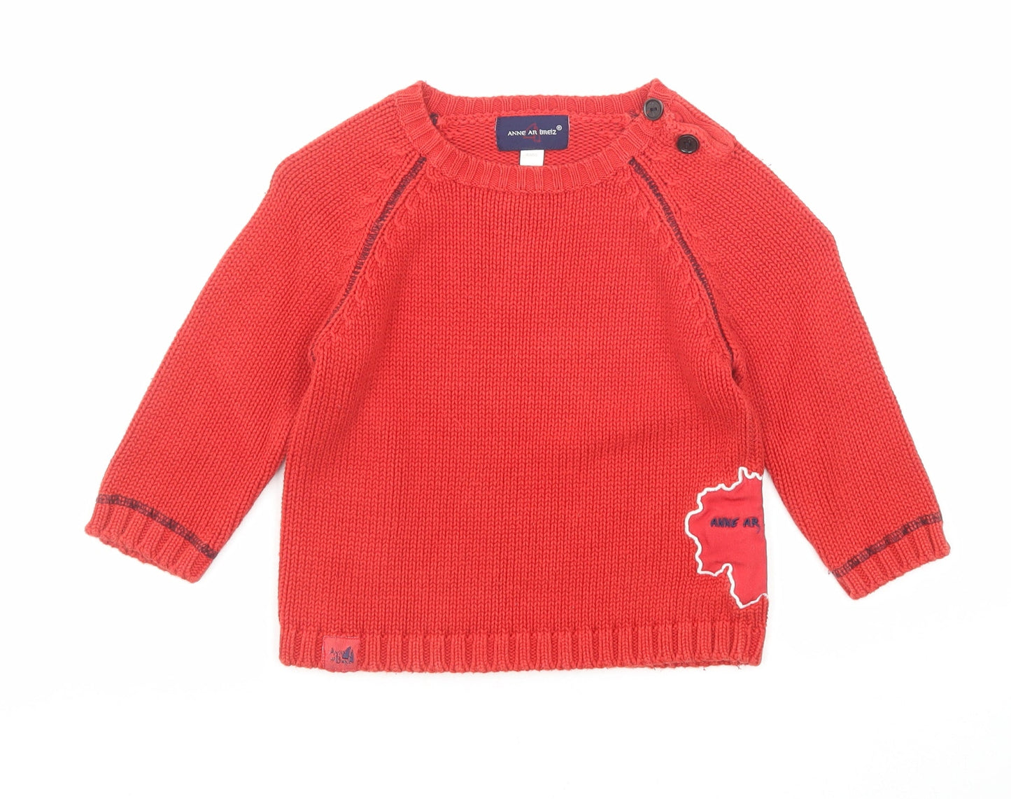 Anne Ar Breiz Boys Red Round Neck Cotton Pullover Jumper Size 4 Years Button