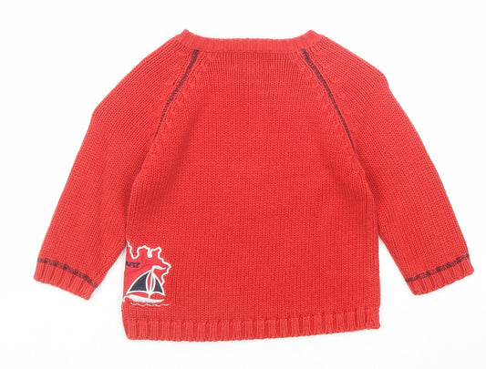 Anne Ar Breiz Boys Red Round Neck Cotton Pullover Jumper Size 4 Years Button