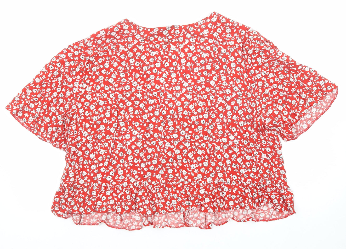 New Look Womens Red Floral Viscose Basic Button-Up Size 16 V-Neck