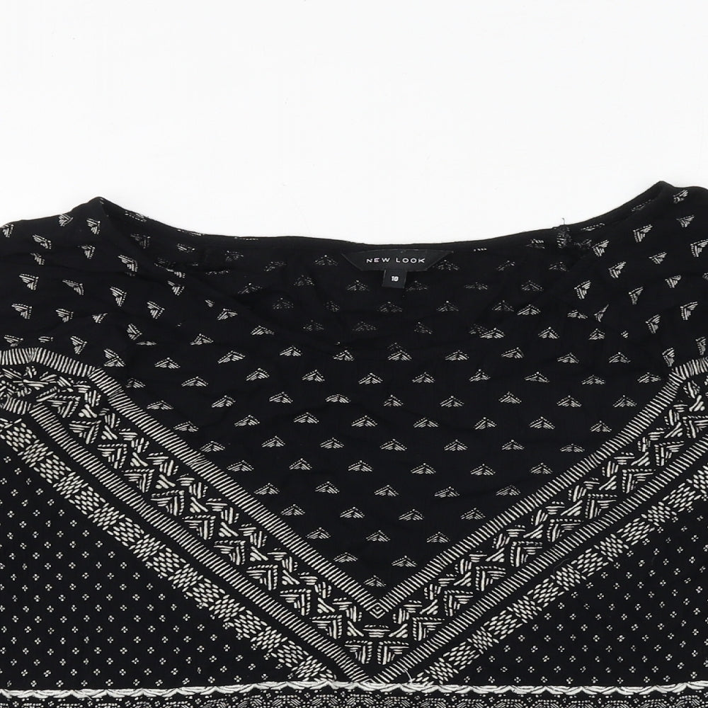 New Look Womens Black Geometric Viscose Basic Blouse Size 10 Round Neck