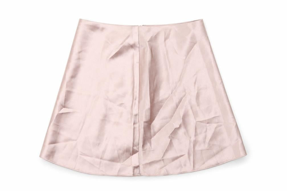 Front view of AsYou women’s pink polyester mini skirt, size UK 8, zip