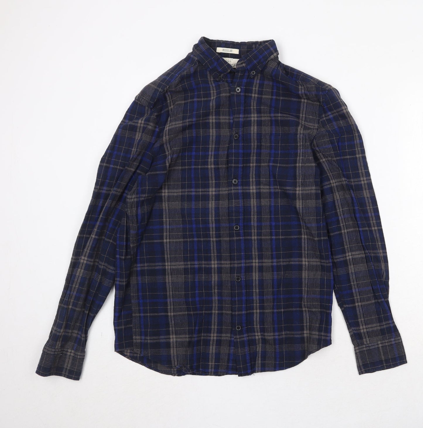 H&M Mens Blue Plaid Cotton Button-Up Size S Collared Button