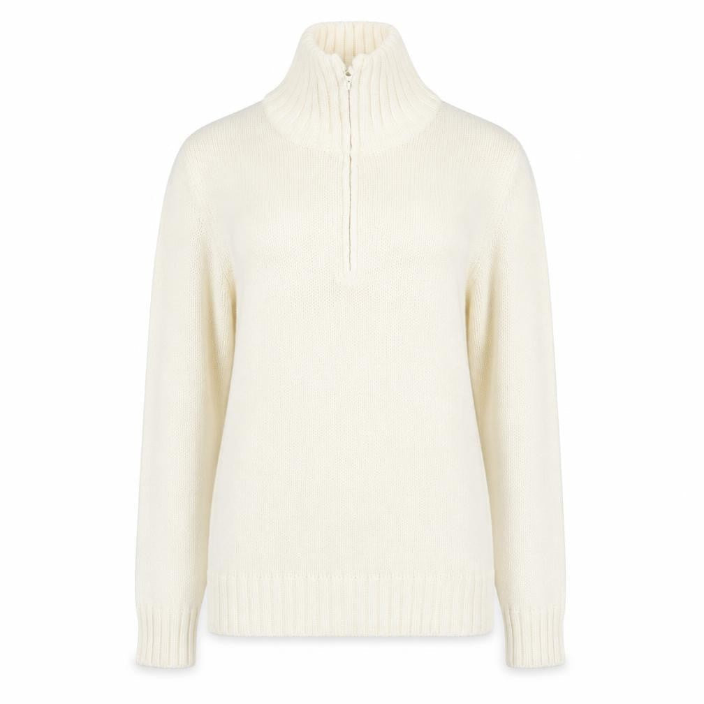 Front view of EA women’s ivory high neck acrylic jumper, size L