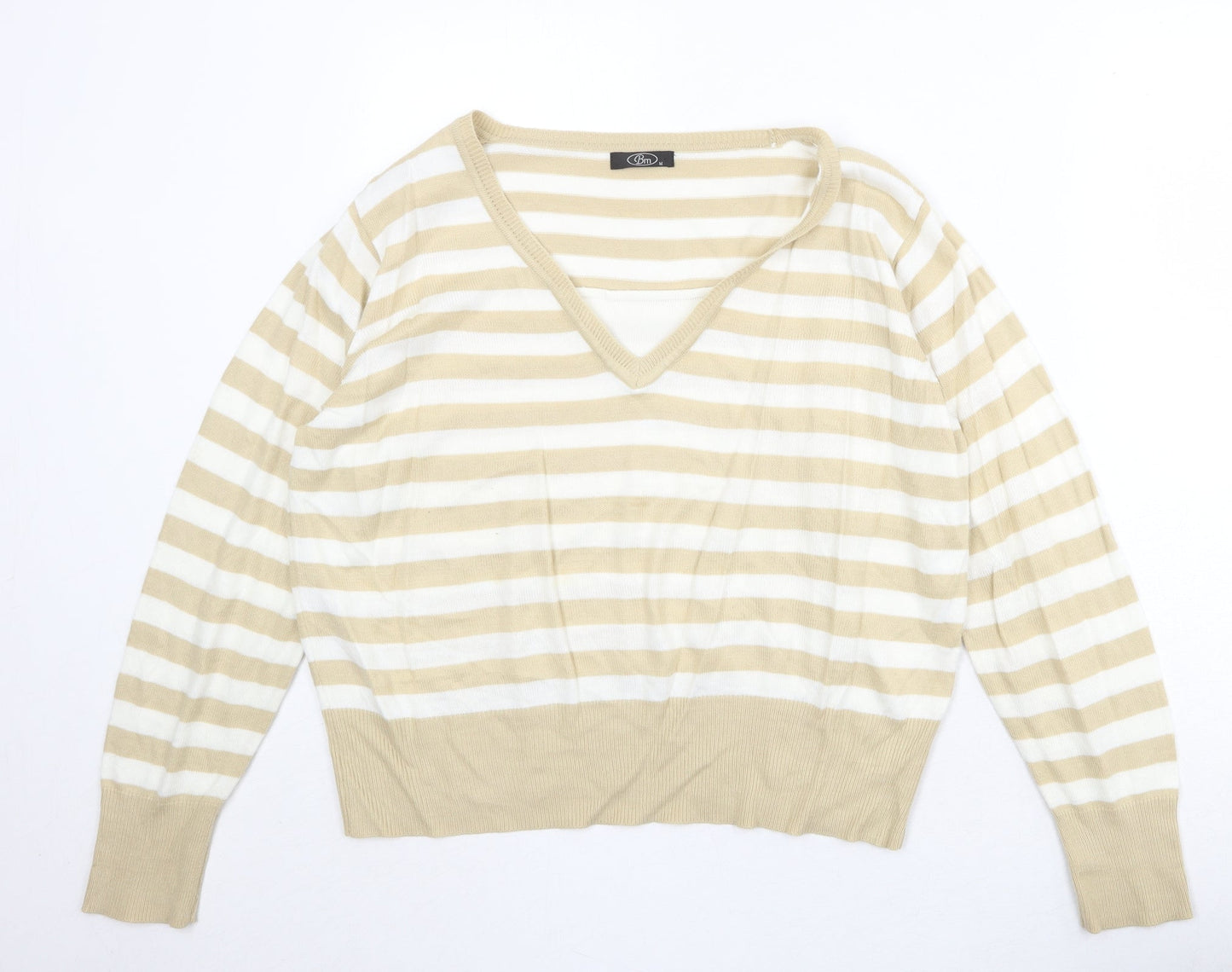Bonmarché Womens Beige V-Neck Striped Acrylic Pullover Jumper Size M