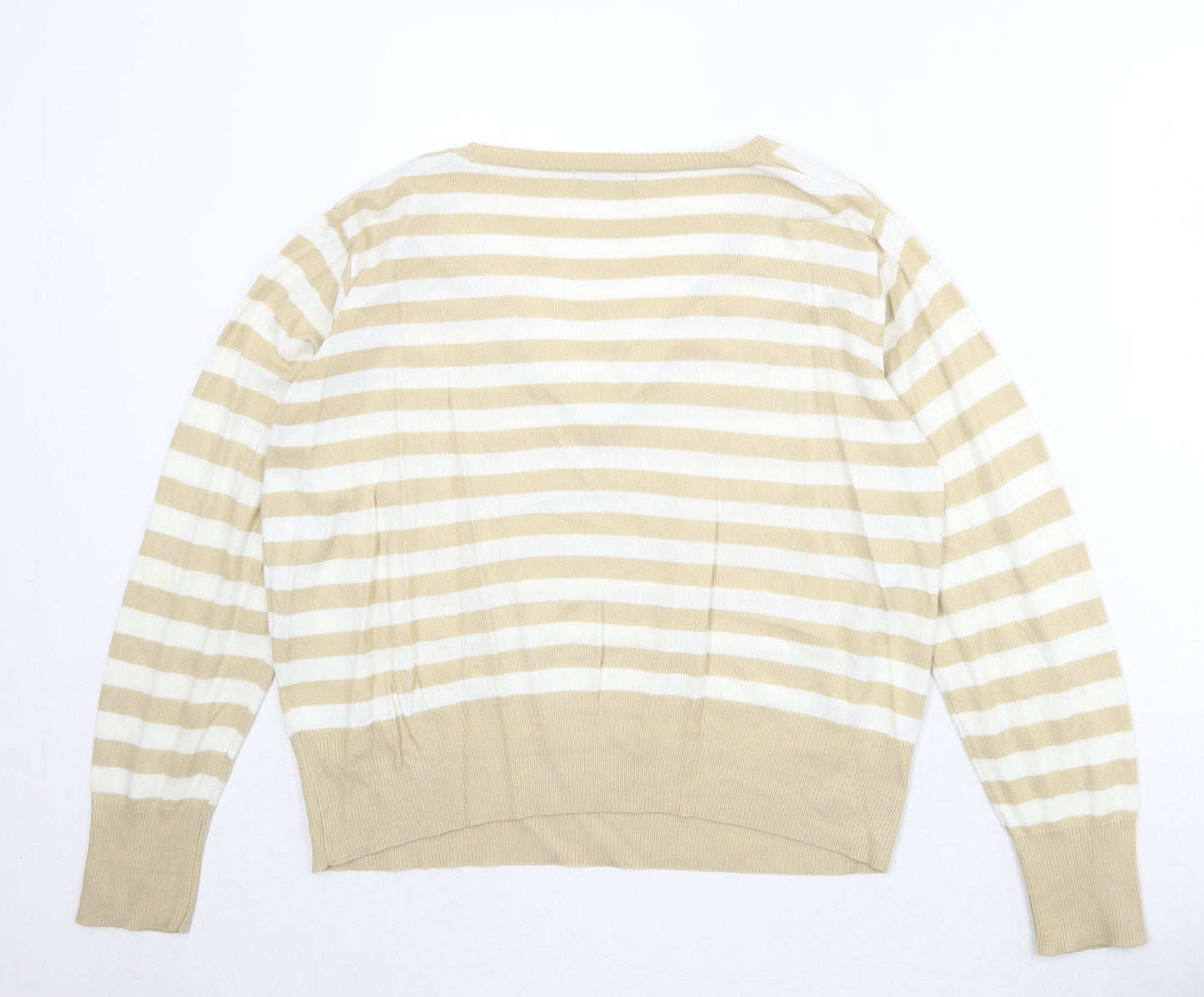 Bonmarché Womens Beige V-Neck Striped Acrylic Pullover Jumper Size M