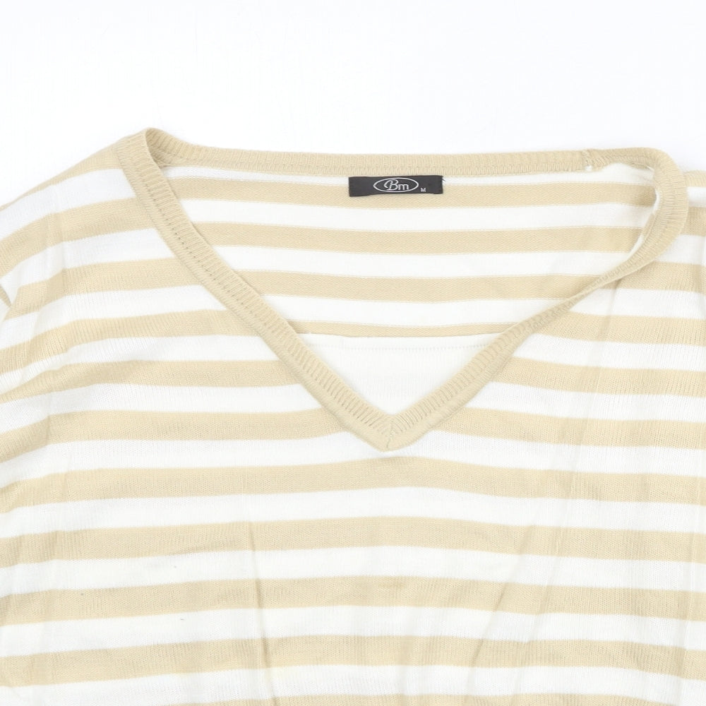 Bonmarché Womens Beige V-Neck Striped Acrylic Pullover Jumper Size M