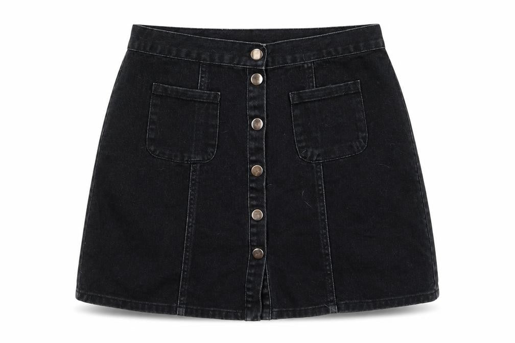 Front view of Cooperative women’s black cotton a-line skirt, size M, snap