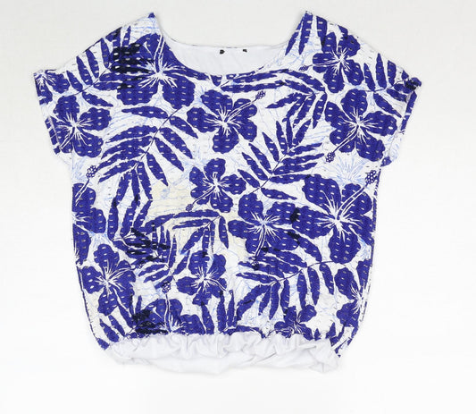 Klass Womens Blue Floral Viscose Basic Blouse Size L Round Neck