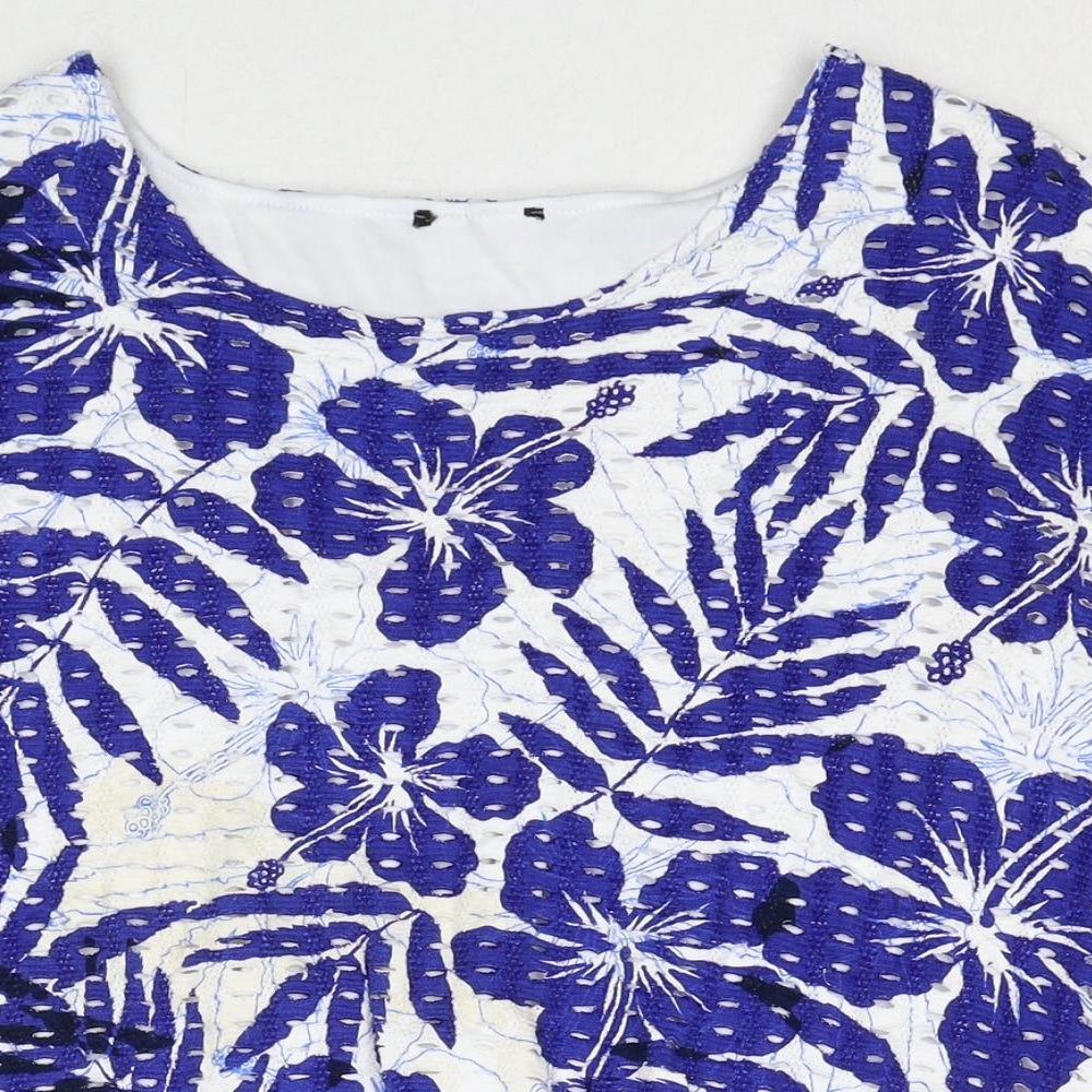 Klass Womens Blue Floral Viscose Basic Blouse Size L Round Neck