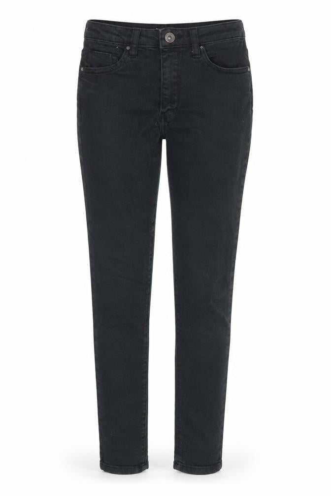 Front view of Toxik3 women’s black cotton skinny jeans, size UK 8, regular zip