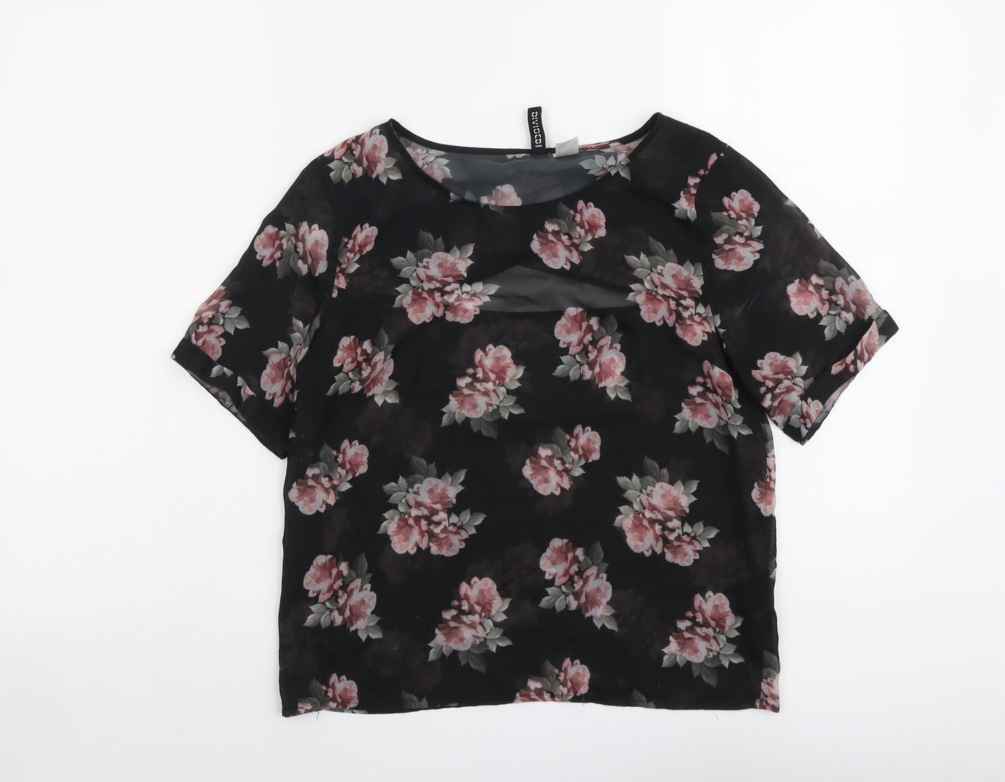 H&M Womens Black Floral Polyester Basic Blouse Size 8 Round Neck