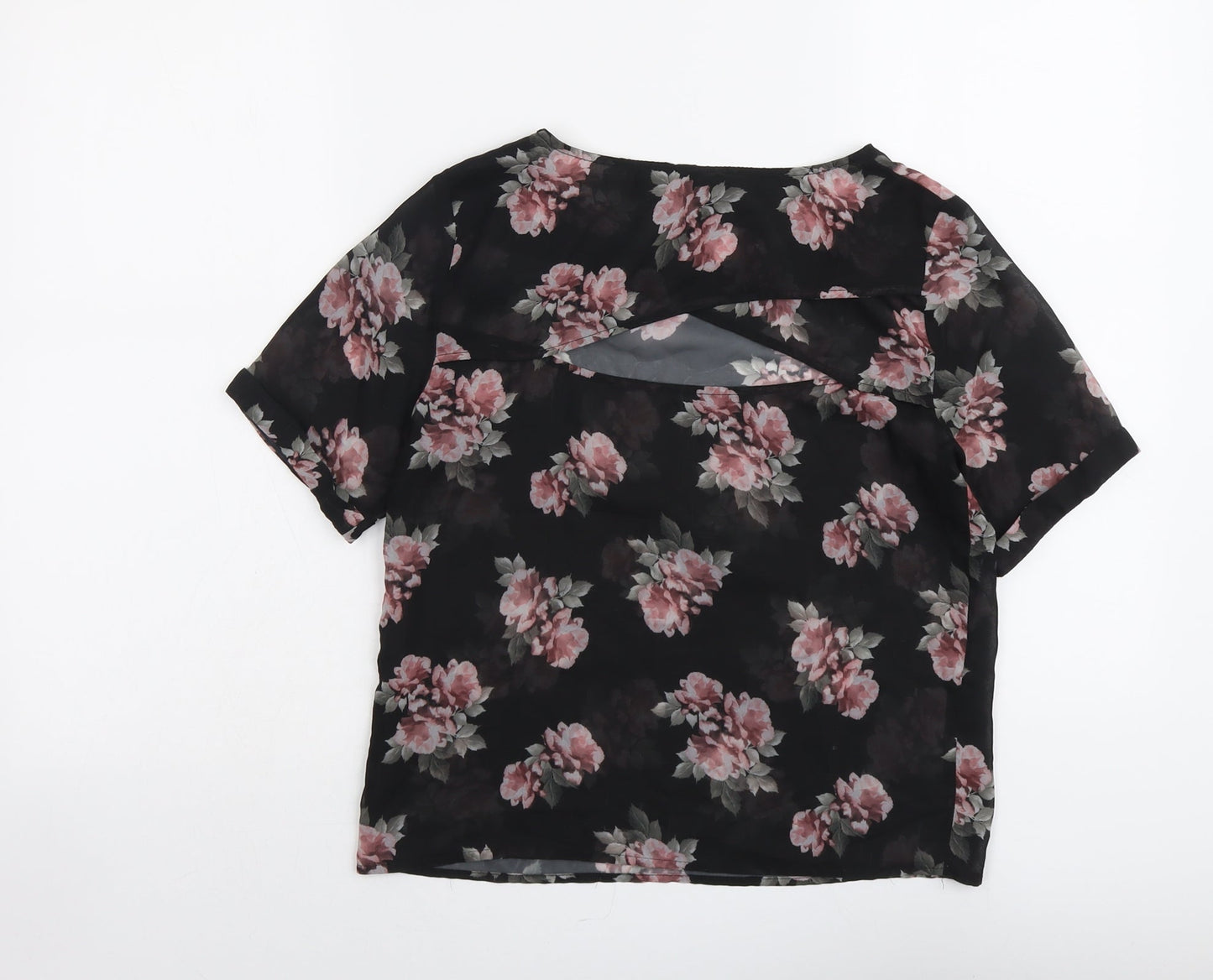 H&M Womens Black Floral Polyester Basic Blouse Size 8 Round Neck
