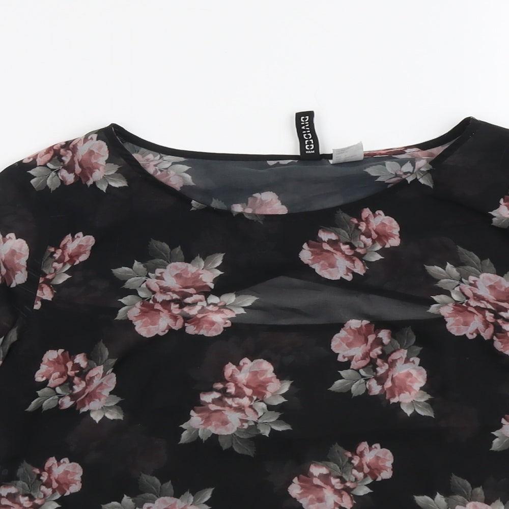 H&M Womens Black Floral Polyester Basic Blouse Size 8 Round Neck