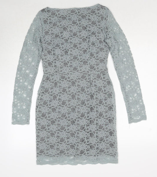 Jones+Jones Womens Blue Floral Polyester A-Line Size 8 Boat Neck Zip