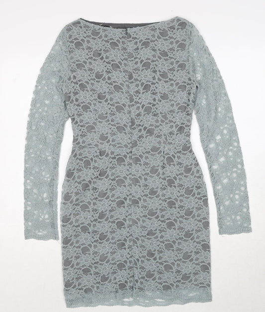 Jones+Jones Womens Blue Floral Polyester A-Line Size 8 Boat Neck Zip