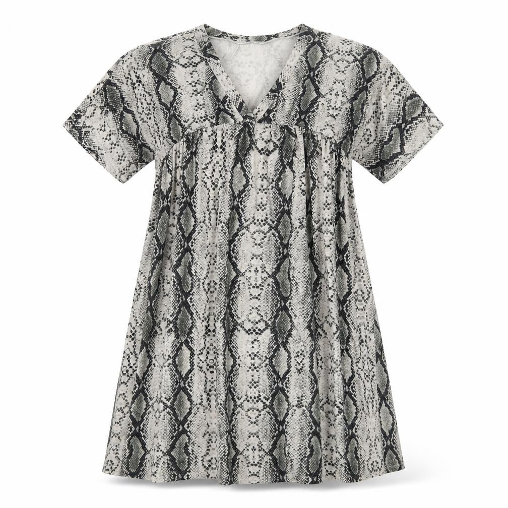 Front view of ASOS women’s multicoloured animal print polyester skater dress, size UK 10, v-neck pullover - snakeskin pattern