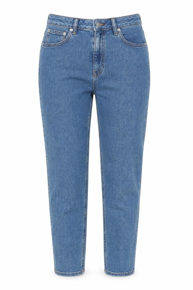 Front view of ASOS women’s blue cotton tapered jeans, size UK 28, in regular zip