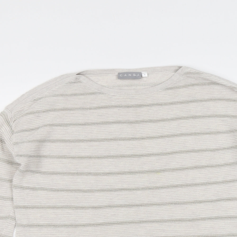 Canda Womens Beige Round Neck Striped Cotton Pullover Jumper Size S