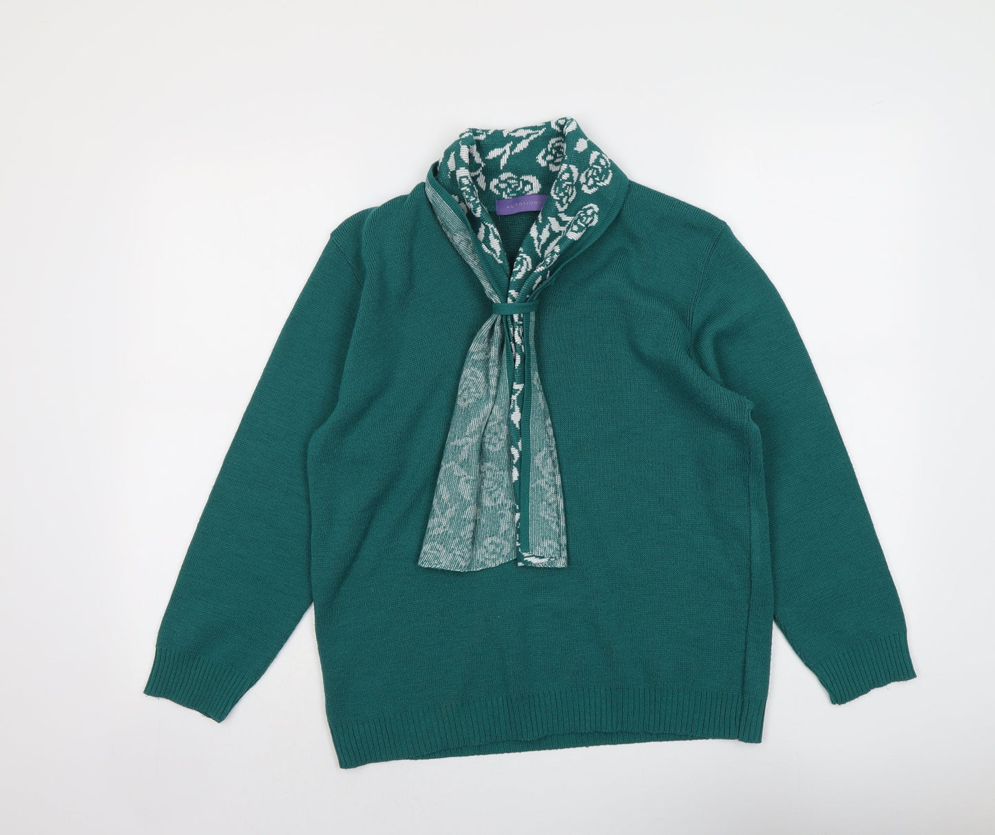 Autonomy Womens Green V-Neck Acrylic Pullover Jumper Size M - Scarf Neck Detail
