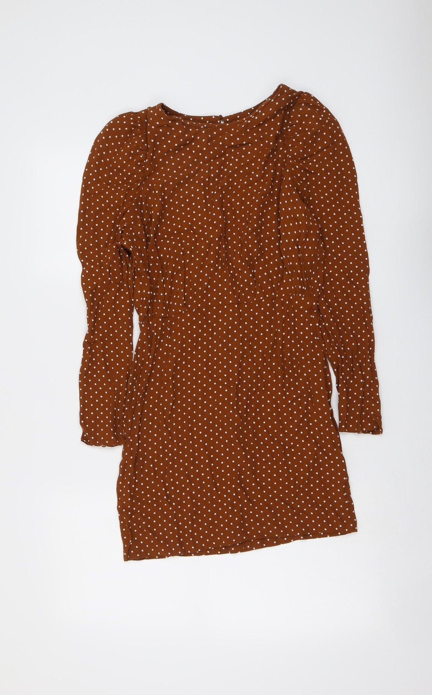 H&M Womens Brown Polka Dot Viscose A-Line Size 8 Round Neck Zip
