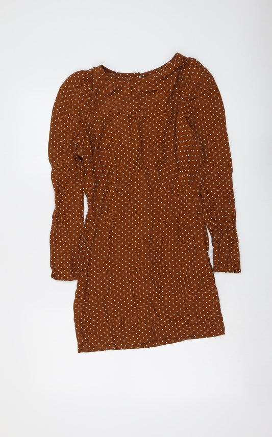 H&M Womens Brown Polka Dot Viscose A-Line Size 8 Round Neck Zip
