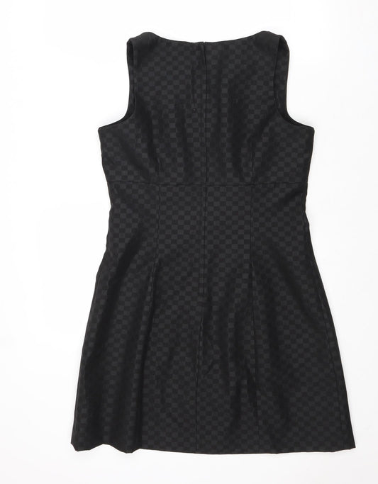NEXT Womens Black Geometric Polyester A-Line Size 12 V-Neck Zip