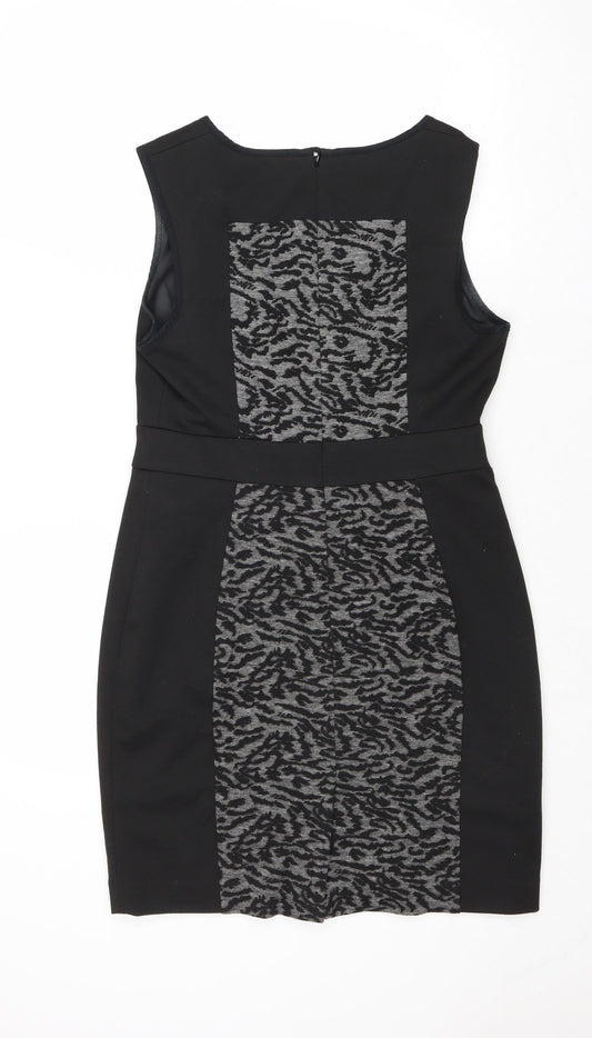 NEXT Womens Black Geometric Polyester A-Line Size 12 Round Neck Zip