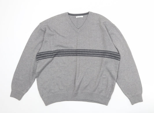 St Michael Mens Grey V-Neck Striped Wool Pullover Jumper Size L Long Sleeve