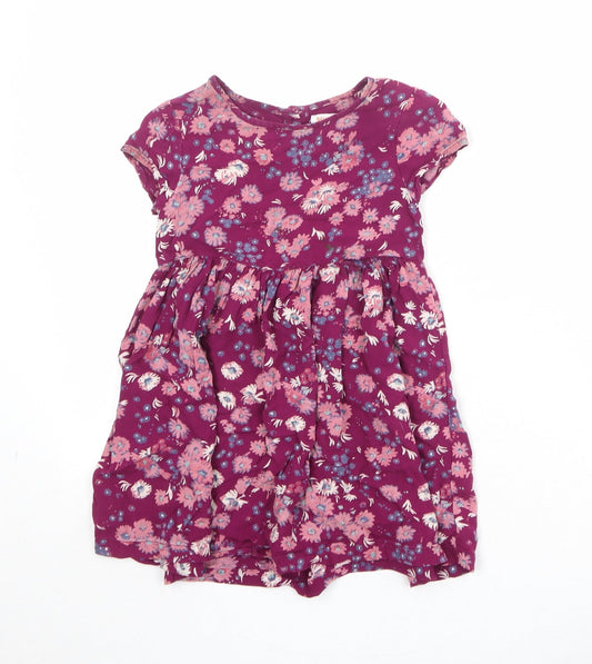 Debenhams Girls Purple Floral Viscose T-Shirt Dress Size 3-4 Years Boat Neck Button