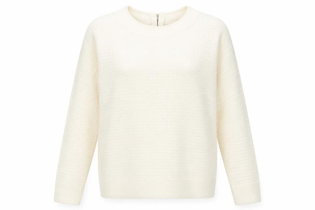 Front view of Sfera women’s white round neck acrylic jumper, size M