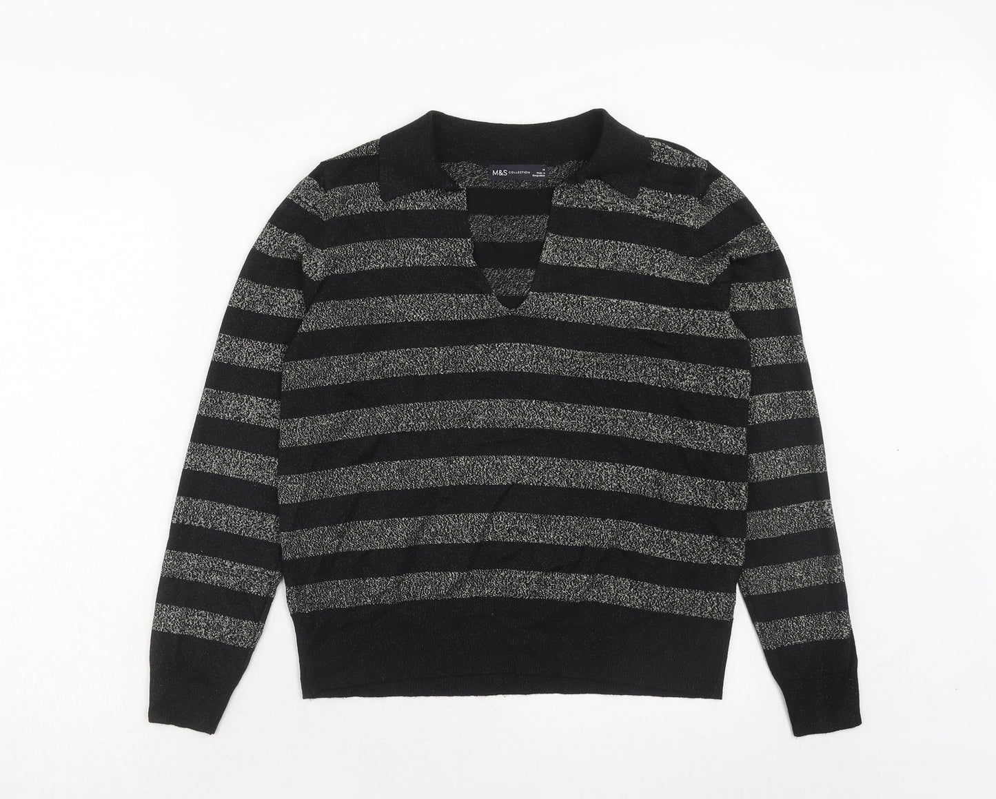 Marks and Spencer Womens Black V-Neck Striped Viscose Pullover Jumper Size M
