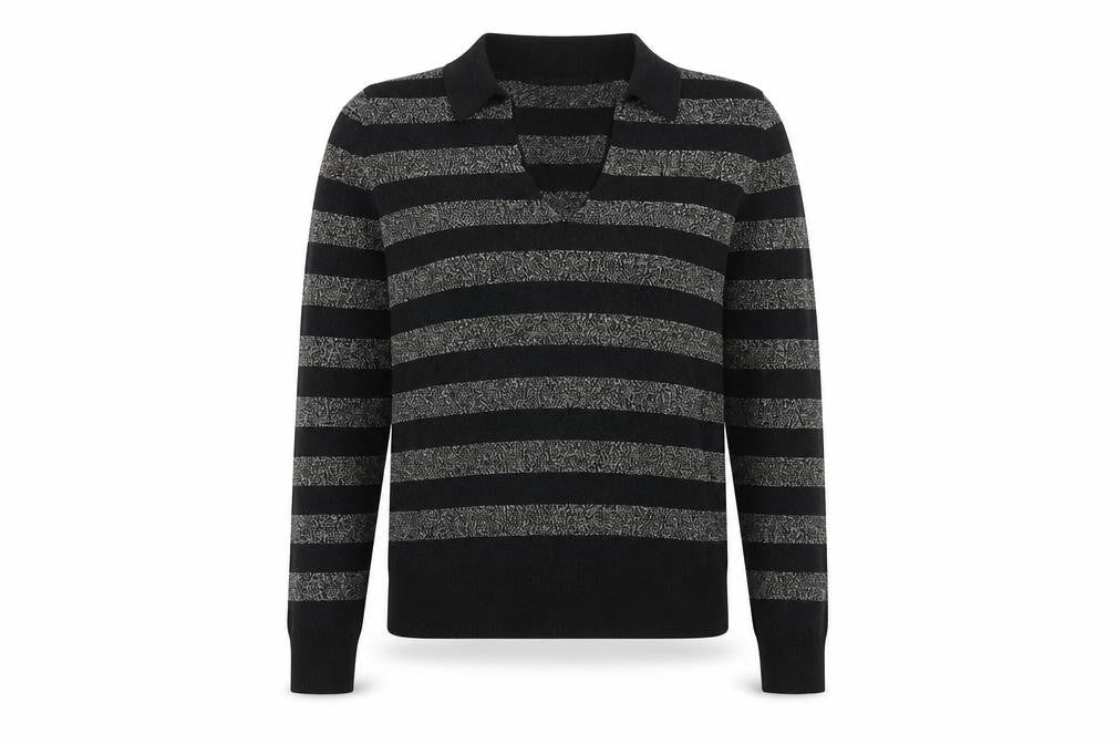 Marks and Spencer Womens Black V-Neck Striped Viscose Pullover Jumper Size M