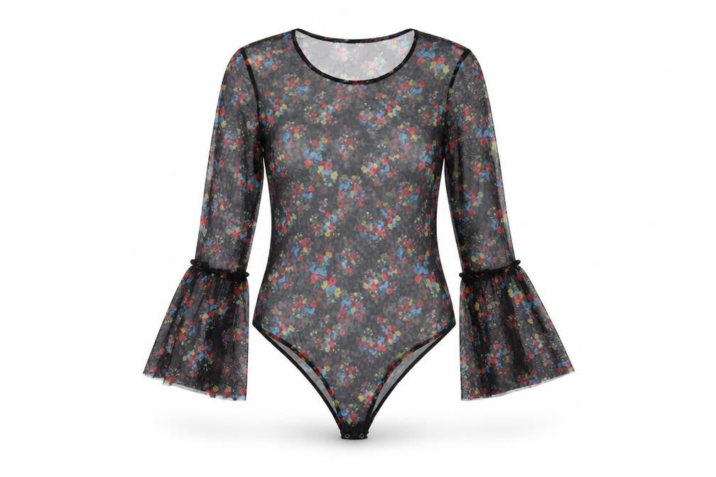 QED London Womens Black Floral Polyester Bodysuit One-Piece Size M Snap - Sheer