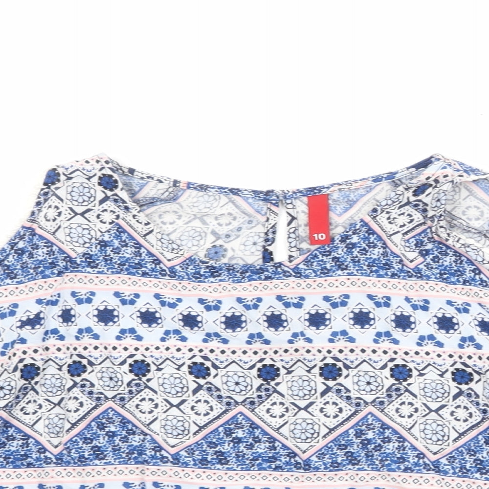 Divided by H&M Womens Blue Geometric Viscose Basic Blouse Size 10 Round Neck - Cold Shoulder