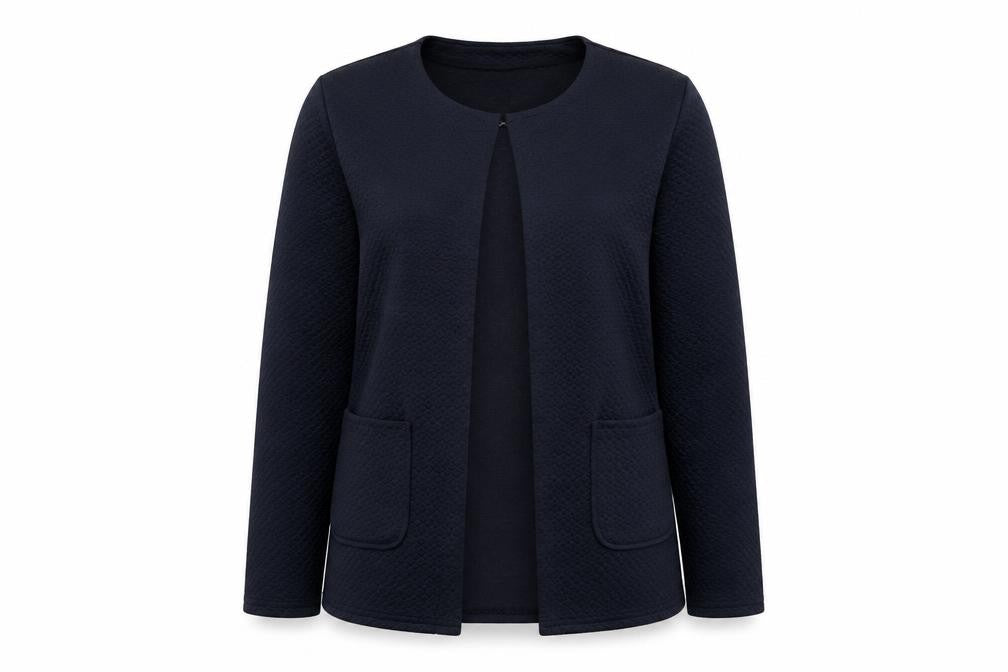 Front view of Gabriella Vicenza women’s blue jacket blazer, size UK 10, hook & eye