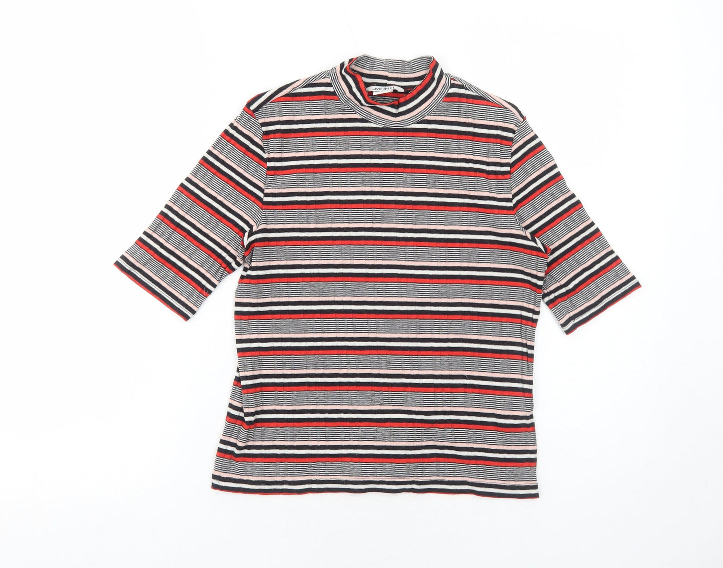 Monki Womens Red Striped Polyester Basic T-Shirt Size S Mock Neck