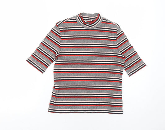 Monki Womens Red Striped Polyester Basic T-Shirt Size S Mock Neck
