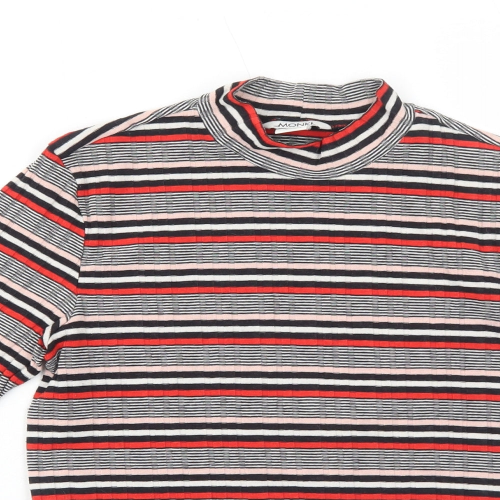 Monki Womens Red Striped Polyester Basic T-Shirt Size S Mock Neck