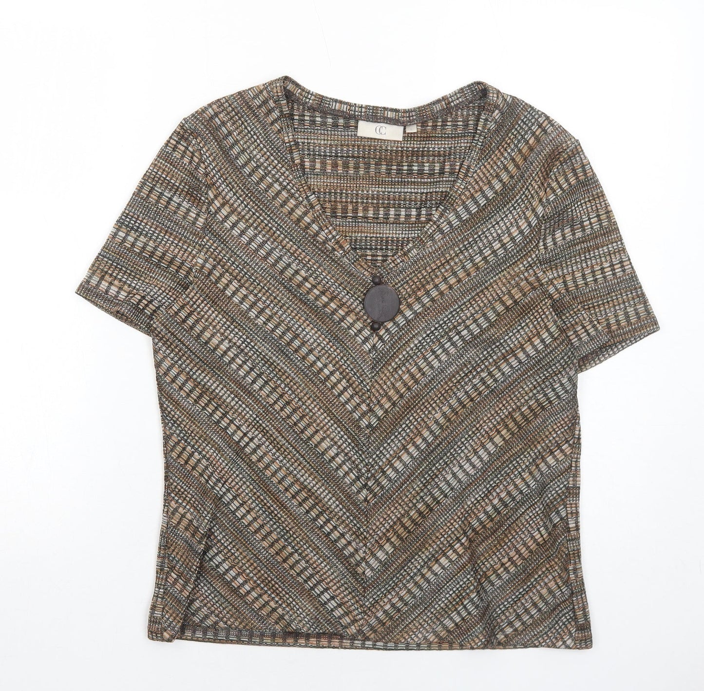 CC Womens Brown Geometric Polyester Basic T-Shirt Size L V-Neck