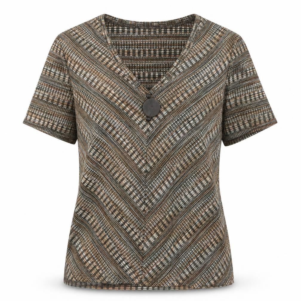 Country Casuals Womens Brown Geometric Polyester Basic T-Shirt Size L V-Neck