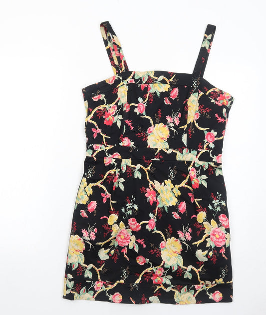 Union Boutique Womens Black Floral Cotton A-Line Size 14 Square Neck Zip