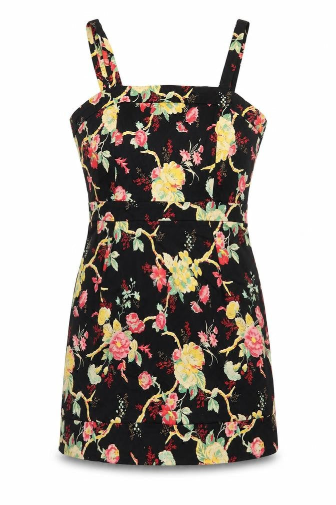 Union Boutique Womens Black Floral Cotton A-Line Size 14 Square Neck Zip