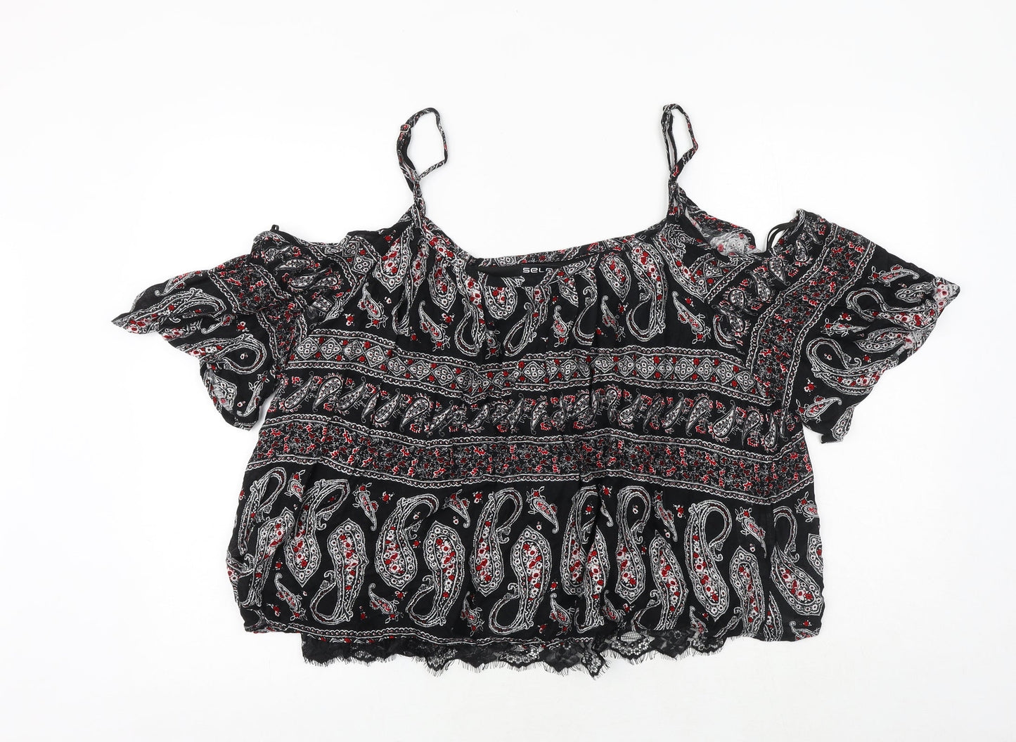 Select Womens Black Geometric Polyester Cropped Blouse Size 16 Off the Shoulder - Cold Shoulder