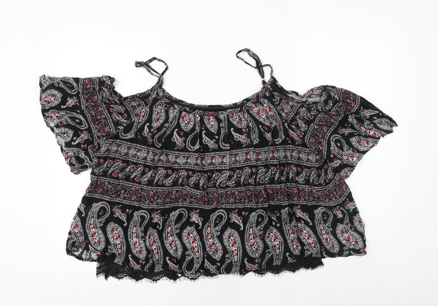 Select Womens Black Geometric Polyester Cropped Blouse Size 16 Off the Shoulder - Cold Shoulder